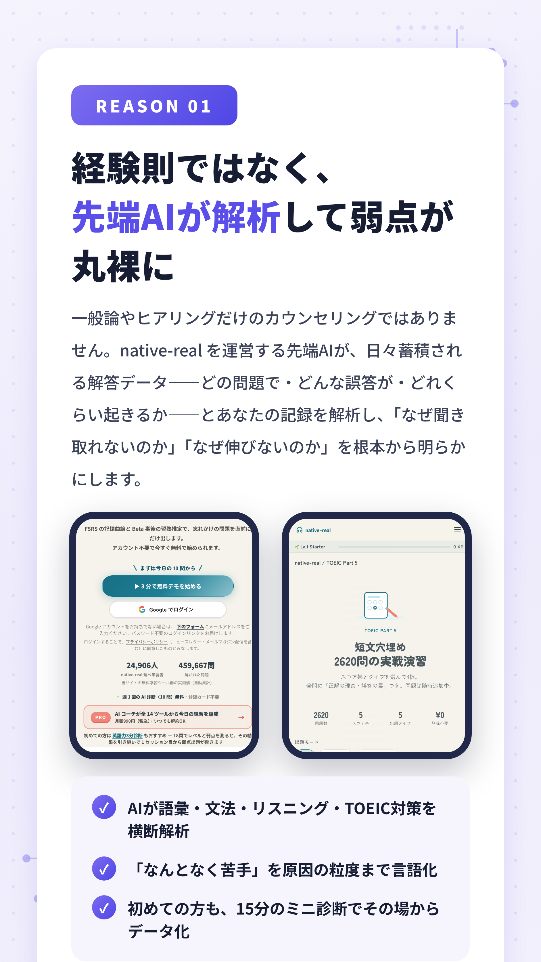 REASON 01 — 経験則ではなく、先端AIが解析して弱点が丸裸になる