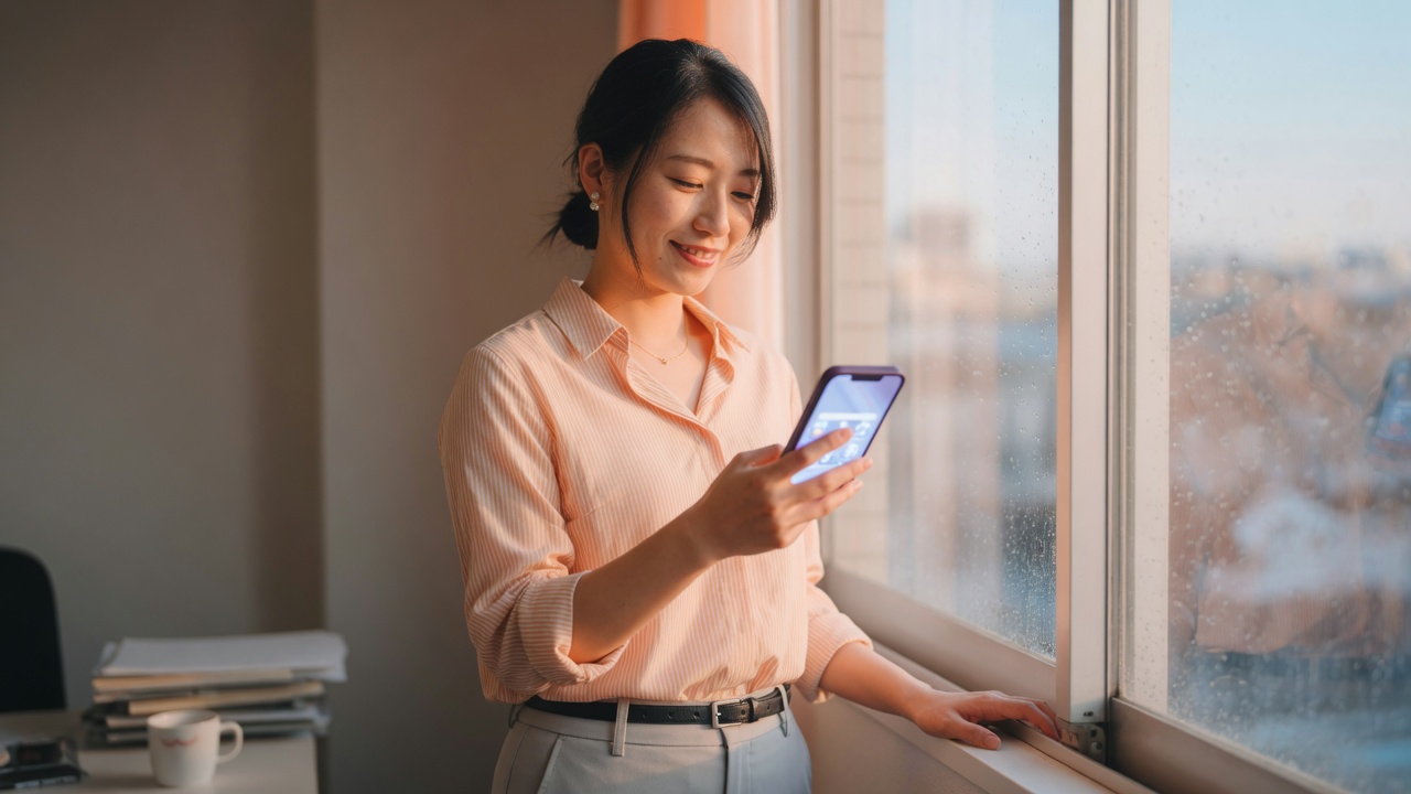 朝の窓辺でスマートフォンを見ながら微笑む女性